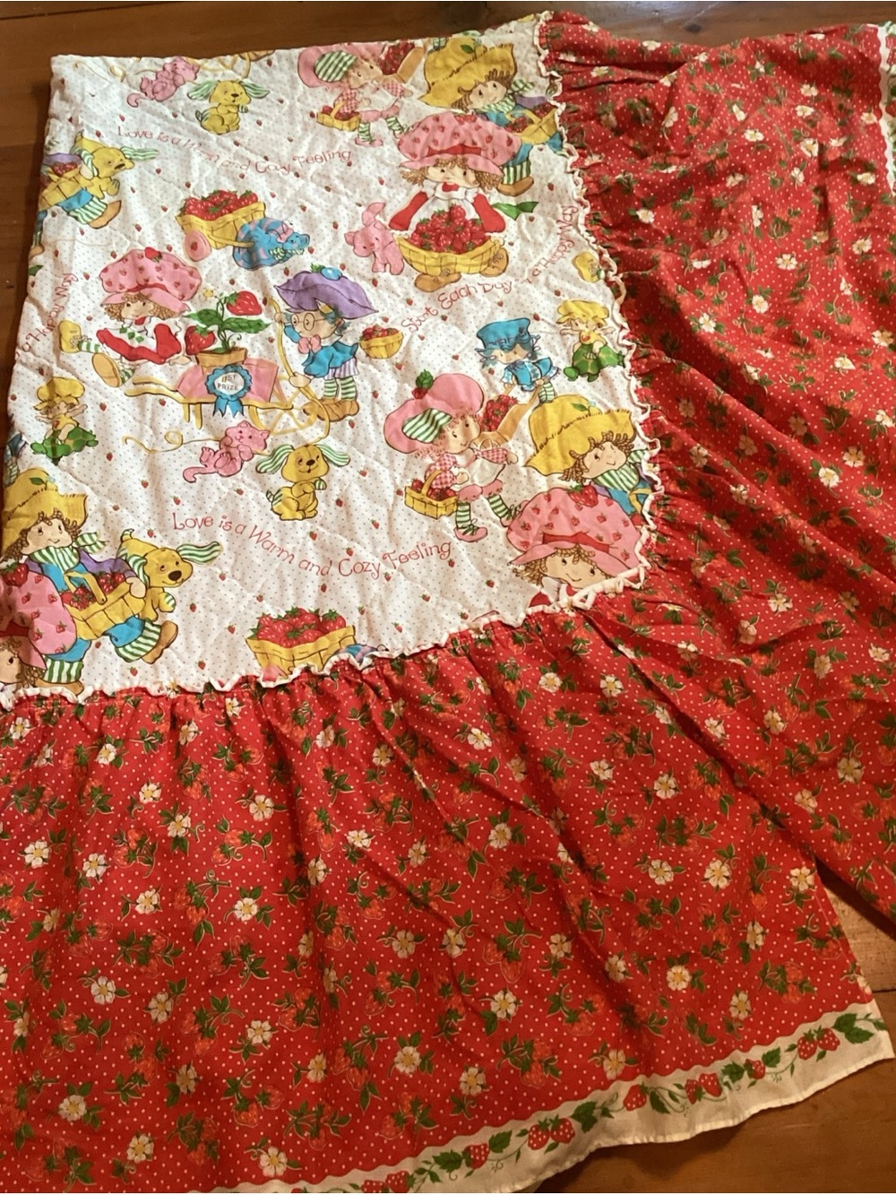 Vintage Strawberry Shortcake Twin Quilted Bed Spread Cover Red Blossom Ruffle